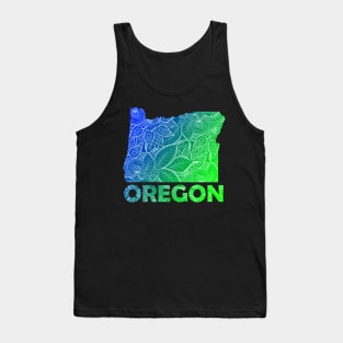 Colorful mandala art map of Oregon with text in blue and green Tank Top
